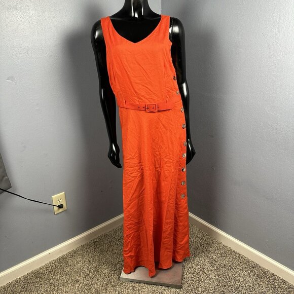 Vtg Claude Rene Orange Linen Side Button Sleeveless Dress Maxi Belt Sz 14 New - Picture 2 of 15